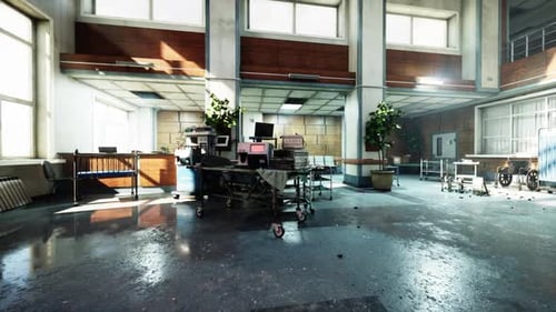 Abandoned Hospital Interior with Broken Equipment and Damaged Flooring