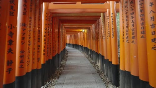 Vidéo 4K du couloir de la porte Torii et du sanctuaire Fushimi Inari à Kyoto, au Japon.