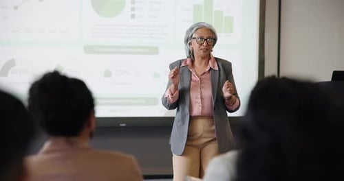 Conference, graphs and presentation with business woman at event for broker workshop