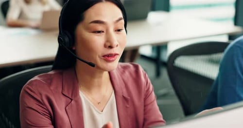 Call center, computer and consultant talking on microphone for customer service