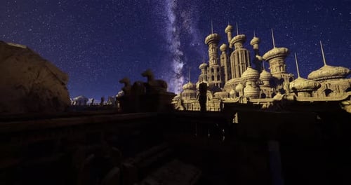 Majestic Ancient Castle Illuminated Under a Starry Night Sky