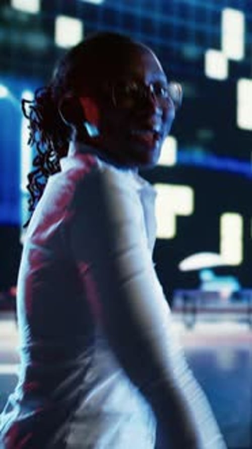 Vertical Video Woman Greeting Pedestrians on Boulevard