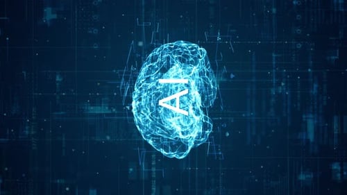 Digitales 3D-Gehirnlogo mit blauen Partikeln mit künstlicher Intelligenz (KI) und Rasterlinie