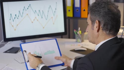 Man Analyzes Financial Charts at Office Desk