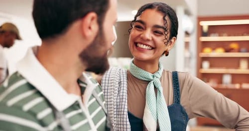 Waiter, teamwork and happy with talking in cafe for service joke, comic conversation