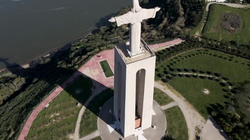 Aerial view of Cristo Rei statue in Almada near Lisbon, Portugal.