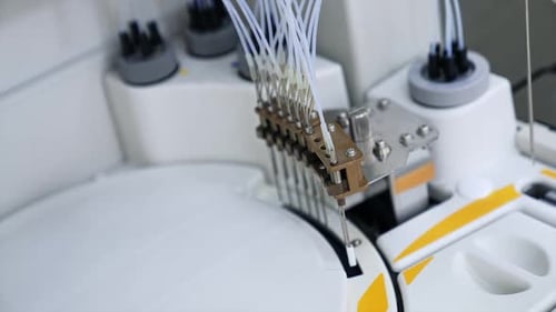 Advanced equipment carrying science testing in the modern laboratory. Close up. View from top.