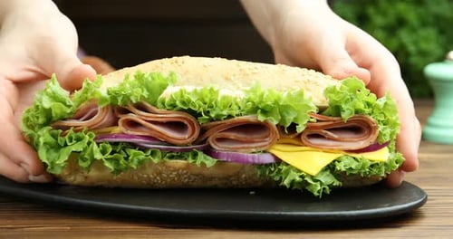 Delicious sandwich with ham, cheese, and fresh vegetables