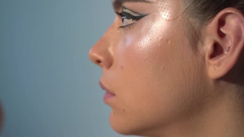 Makeup Artist Applies Makeup with Cosmetic Brush Beauty Visage Makeup Master with Young Beauty Model