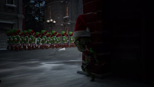 Festliche Weihnachtsparade der Weihnachtselfen marschieren, während ein hinterhältiger Goblin-Bösewicht sie heimlich beobachtet