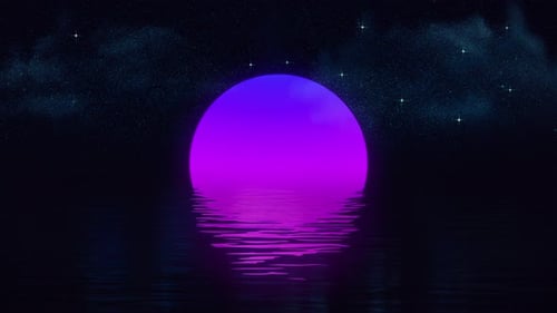 Loop Die lila, rosafarbene Sonne, die sich im Wasser spiegelt, in einem minimalistischen Stil auf schwarzem Hintergrund