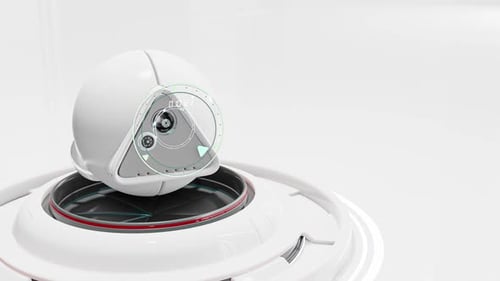 Futuristische weiße Roboterkugel auf kreisförmiger Basis
