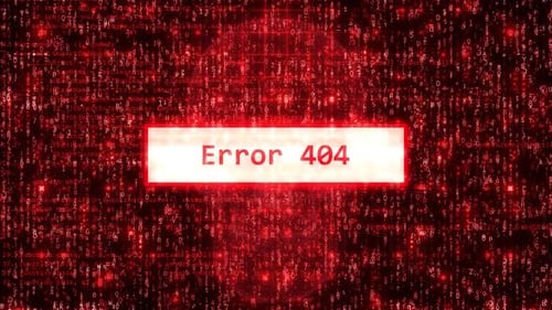 Alerta de erro 404 do computador sobre fundo vermelho de hacking com matriz binária animada
