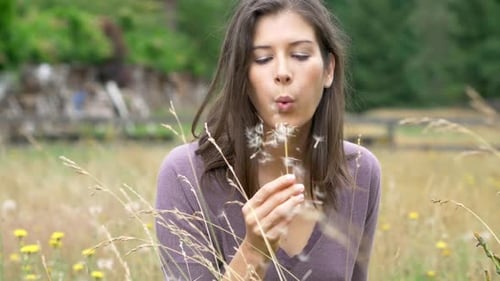 Wonderful slow motion shot of beautiful young girl blowing a dandelion in while relaxing in field of
