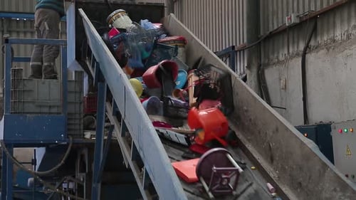 Colorful Plastic Waste on Recycling Conveyor Belt