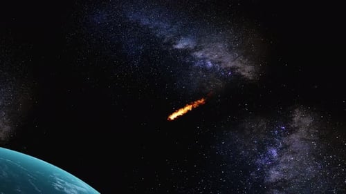 Fiery Meteor Approaching Blue Planet in Starry Outer Space