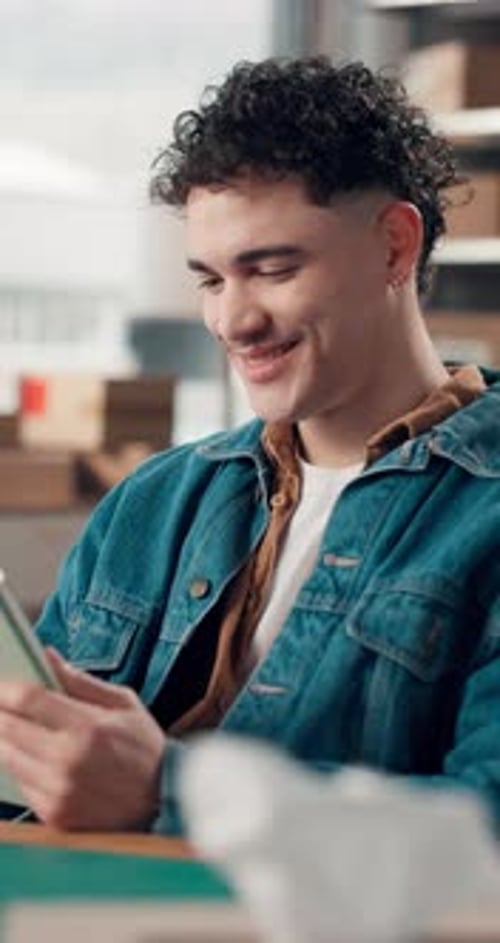 Tablet, research and shipping with man in warehouse for delivery schedule