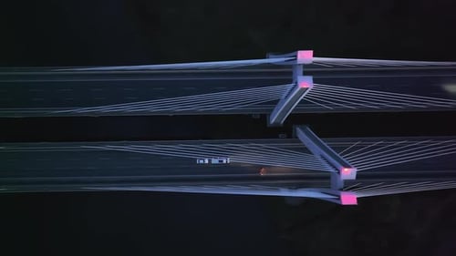 Aerila Top View Illuminated Suspension Bridge at Dusk Aerial View of a Lit Cablestayed Bridge Over