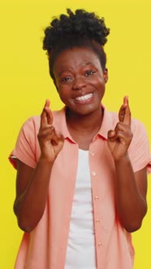 African American Woman Crossing Fingers Hopeful Excited Expression Positive Hoping Wishing Luck