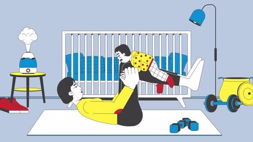 Parent-child playtime in nursery room cartoon animation