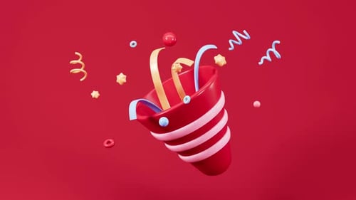 Cartoon firecracker and ribbons with explosion confetti. Birthday surprise, 3d rendering.