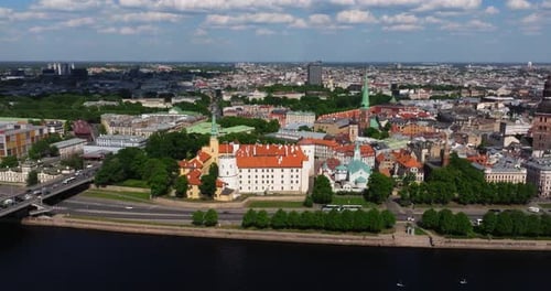 Aerial View Above Riga Castle in Latvian Capital City - Cinematic Establishing Shot
