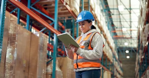 Tablet, shipping and search with woman in warehouse for inventory manager