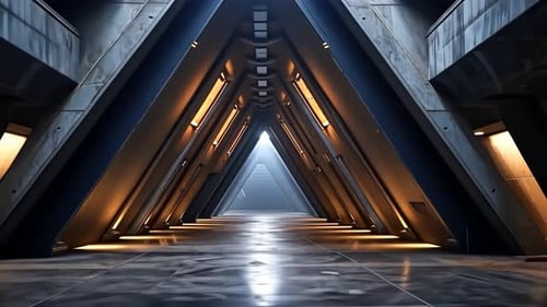 Futuristic, triangular corridor. Geometric, concrete hallway. Modern, minimalist architecture