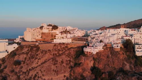 The white village Mojácar during sunset. Aerial shot.