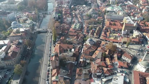 Aerial Footage of Sarajevo and National Library the Shot is Flying Over Vijecnica Library with a