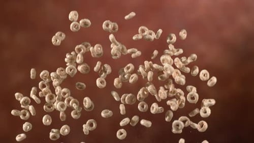 Breakfast Cereal Rings Floating on Brown Background