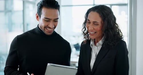 Business, people and teamwork in finance with tablet for company proposal evaluation