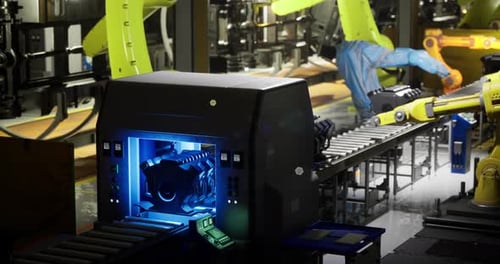 Industrial Automation in a Modern Factory Showcasing Robotic Assembly Tasks