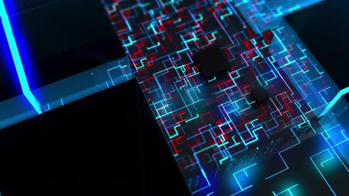 Futuristic Digital Circuit Board Animation with Glowing Data Flow