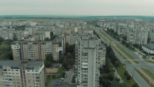 Aerial view of Soviet Era buildings in Lviv City, Ukraine with Old Apartments