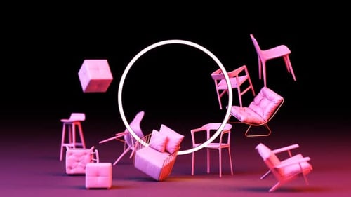 Falling 3D Furniture Objects with Glowing Circle Reveal