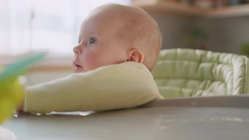 Funny Charming Baby in Feeding High Chair Preparing to Eat Modern Apartments Dinner Kitchen Close Up