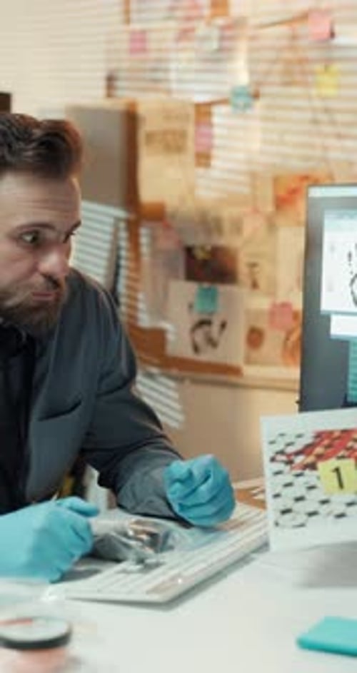 Conversation, evidence and investigation with detective people in office for problem solving