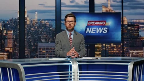 Anchor Reporting Breaking News at Studio Man Journalist Telling Live Reportage