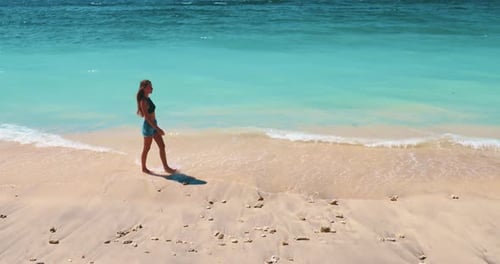 Young Woman Barefoot Walking Seashore Beach