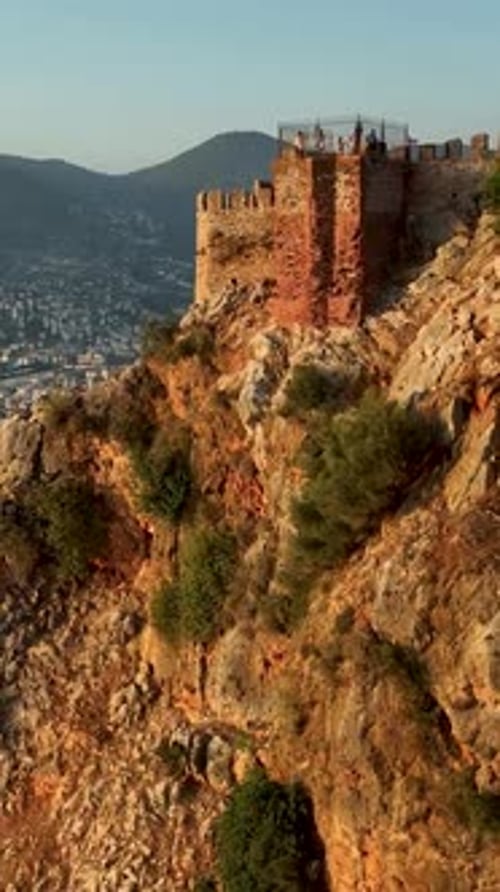 Castle Alanya Kalesi Aerial View 4 K of Mountain and City Turkey
