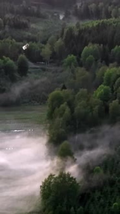 Vertical drone shot tilting over a misty field, moody, summer evening in Finland