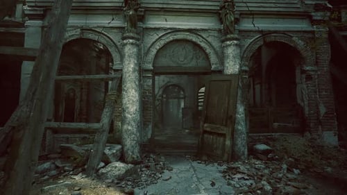 Historic Stone Galleries Now in Ruins with Scattered Fragments