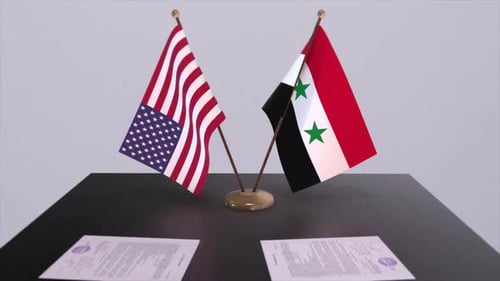 Syria and USA at the negotiating table, a diplomatic deal. Business and politics animation. National