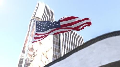 Realistic American Flag Waving Over Corporate Buildings