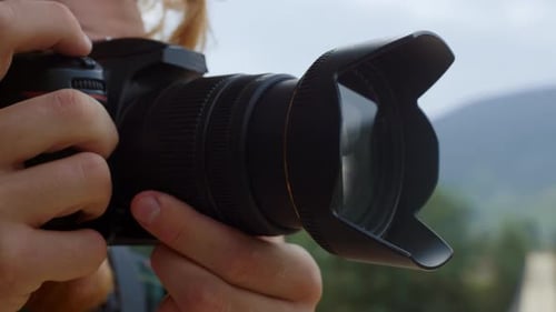 Camera Man Make Picture on Travel Blog Close Up. Unknown Professional Photographer