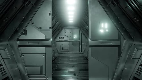 Eine futuristische Raumschifftür mit Neonlicht-Animationsschleife