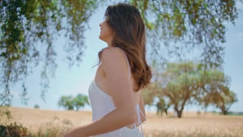 Carefree Model Walking Spikelets Field Back View Dress Woman Strolling Summer