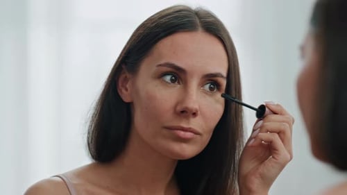 Satisfied Model Colouring Eyelashes White Place Closeup Lady Applying Mascara