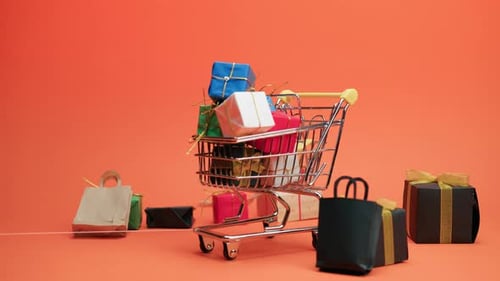 Shopping Cart Full of Christmas Gifts with Bags